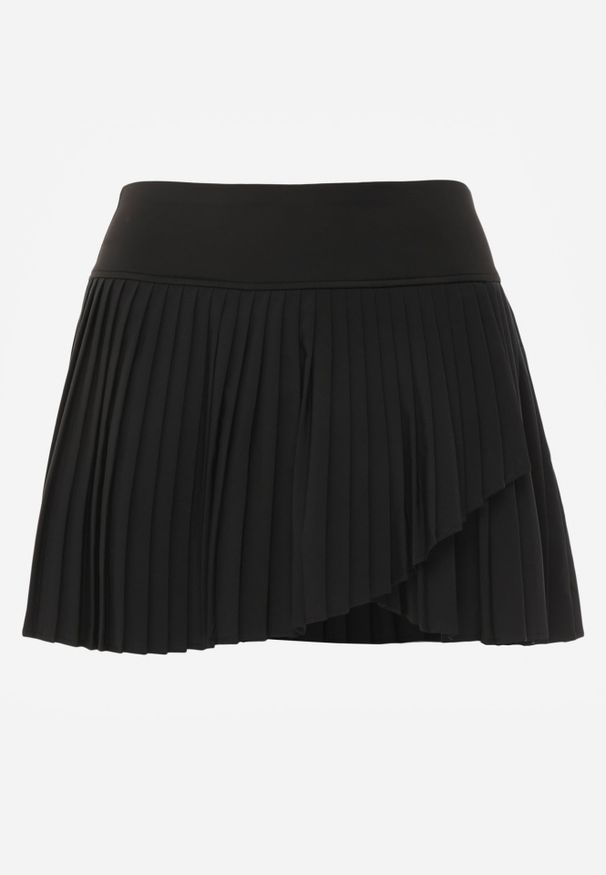Renee - Czarna Plisowana Spódnica Tenisowa o Asymetrycznym Kroju z Podszewką-Szortami Haria. Kolor: czarny. Materiał: jeans, poliester, elastan. Styl: sportowy