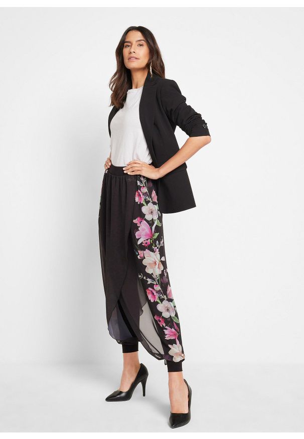 bonprix - Spodnie z szyfonem. Kolor: czarny. Materiał: szyfon. Sezon: lato. Styl: elegancki