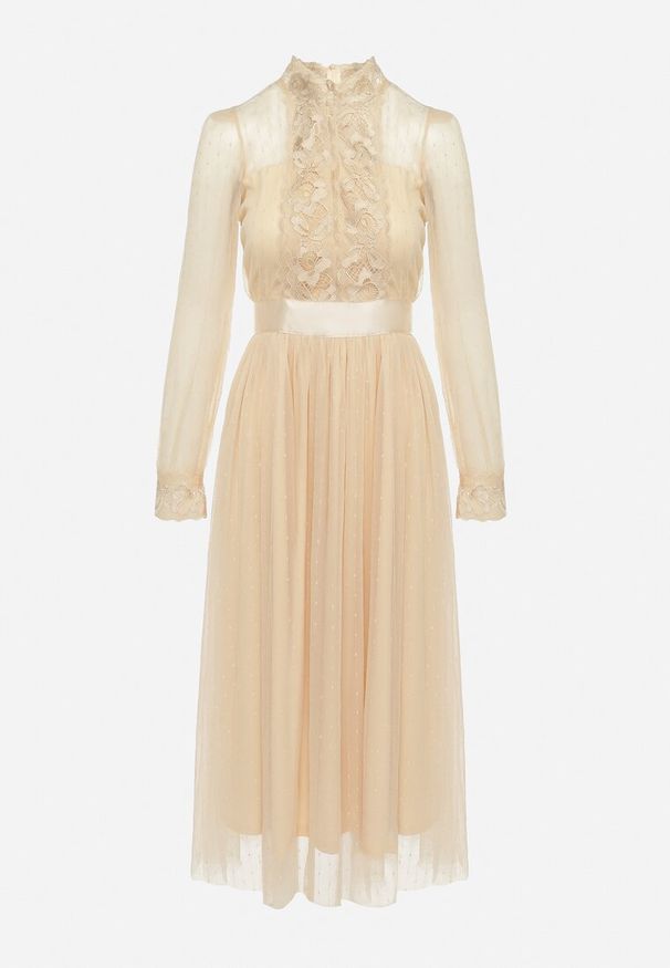 Born2be - Beżowa Rozkloszowana Sukienka Maxi z Siateczki Ozdobiona Koronką Vireln. Kolor: beżowy. Materiał: koronka. Wzór: koronka, aplikacja. Długość: maxi