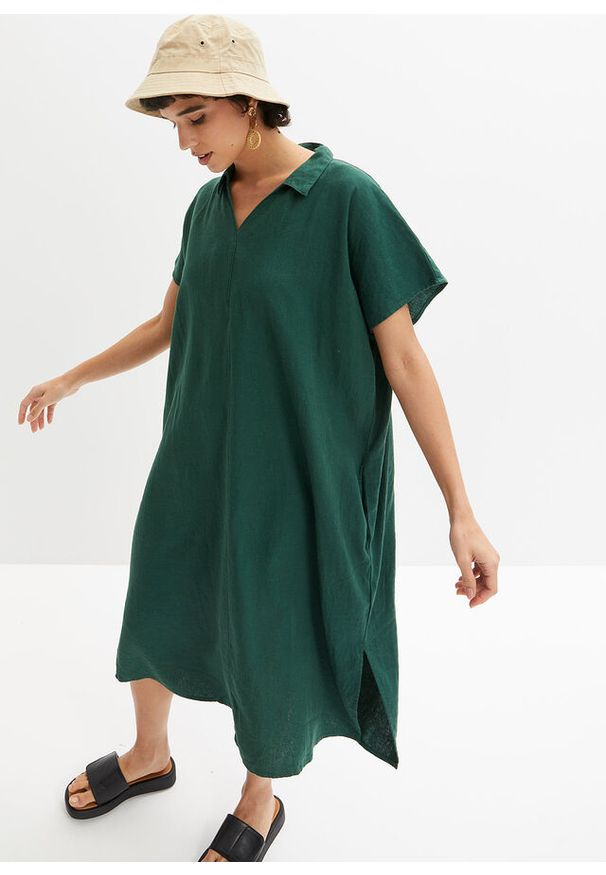 bonprix - Sukienka kaftanowa z domieszką lnu. Kolor: zielony. Materiał: len. Sezon: lato