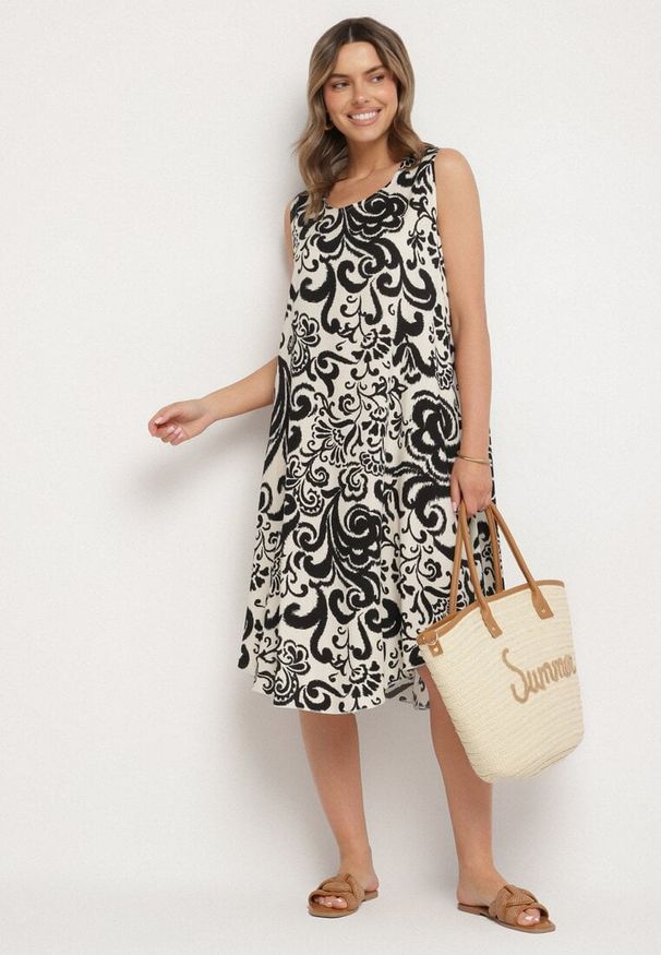 Born2be - Czarna Bawełniana Sukienka ze Wzorem Paisley Zirelia. Okazja: na co dzień. Typ kołnierza: dekolt w serek. Kolor: czarny. Materiał: bawełna. Wzór: paisley. Sezon: lato. Styl: casual
