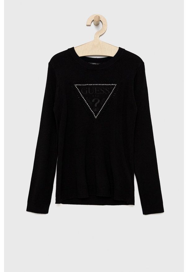 Guess sweter dziecięcy kolor czarny lekki. Okazja: na co dzień. Kolor: czarny. Materiał: materiał, dzianina, wiskoza. Wzór: aplikacja. Styl: casual