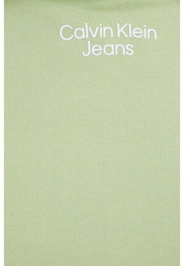 Calvin Klein Jeans bluza damska kolor zielony z kapturem z nadrukiem. Typ kołnierza: kaptur. Kolor: zielony. Materiał: dzianina. Długość rękawa: długi rękaw. Długość: długie. Wzór: nadruk