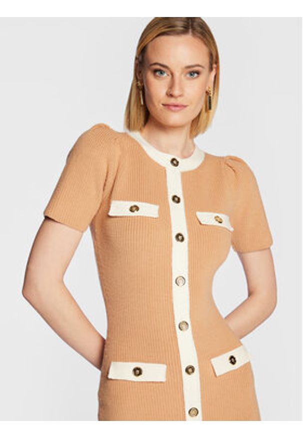 Elisabetta Franchi Sukienka dzianinowa AM-69Q-26E2-V470 Beżowy Slim Fit. Kolor: beżowy. Materiał: dzianina, wełna