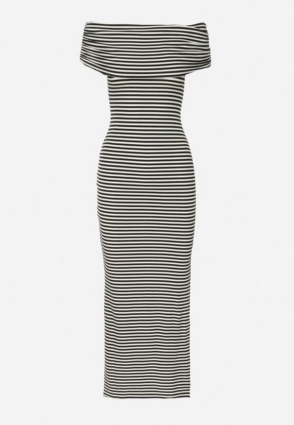 Born2be - Czarno-Biała Sukienka Typu Hiszpanka z Rozcięciem u Dołu w Paski Vikittas. Okazja: na co dzień, na spacer. Typ kołnierza: dekolt hiszpanka. Kolor: czarny. Materiał: wiskoza. Wzór: paski. Sezon: lato. Typ sukienki: proste. Styl: casual