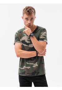 Ombre Clothing - T-shirt męski bawełniany V-NECK - khaki-camo V5 S1616 - L. Kolor: brązowy. Materiał: bawełna