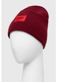 Hugo - HUGO czapka wełniana kolor bordowy z cienkiej dzianiny wełniana. Kolor: czerwony. Materiał: wełna, dzianina #3