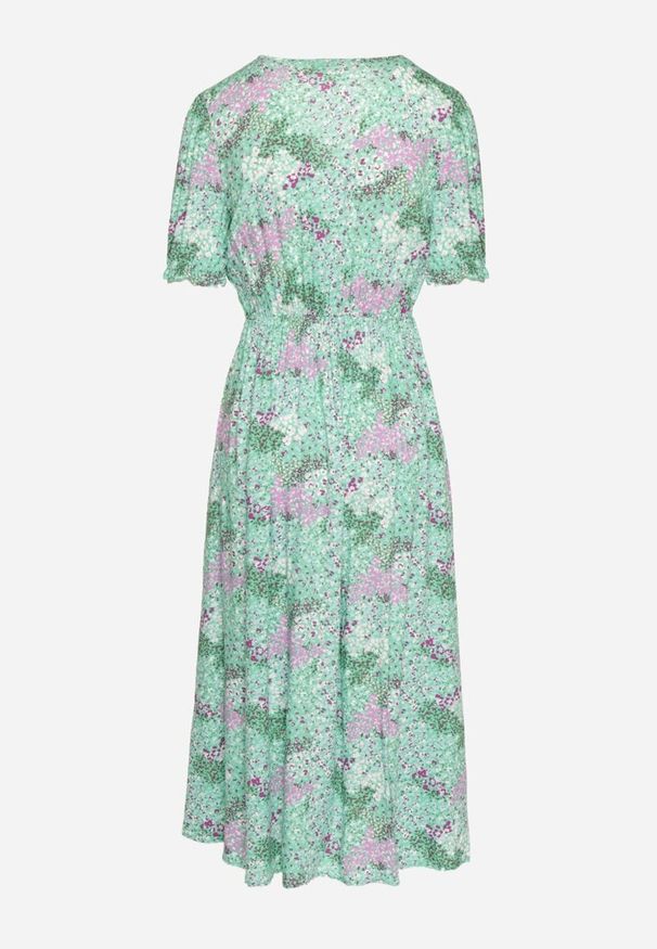 Born2be - Zielona Sukienka Midi z Głębokim Dekoltem i Gumką w Pasie z Wiskozy Arevik. Kolor: zielony. Materiał: wiskoza. Długość: midi