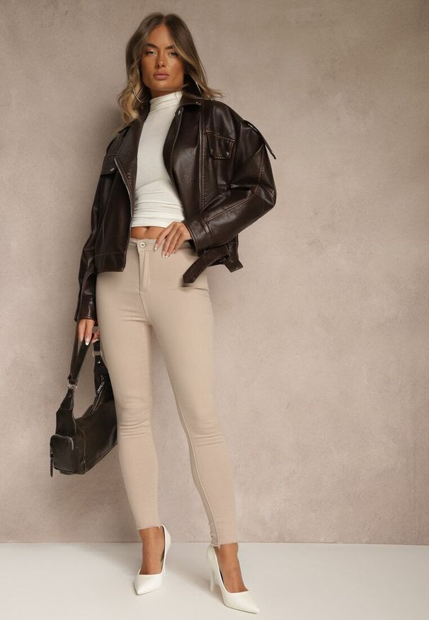 Renee - Beżowe Spodnie z Bawełny o Kroju Skinny Irivella. Okazja: na spotkanie biznesowe. Stan: podwyższony. Kolor: beżowy. Materiał: bawełna. Styl: biznesowy, elegancki