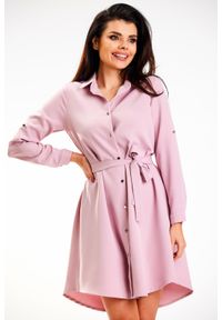 Awama - Koszulowa Sukienka z Podpinanym Rękawem - Różowa. Kolor: różowy. Materiał: poliester, elastan. Typ sukienki: koszulowe