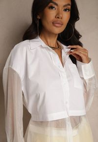 Renee - Biała Koszula Ozdobiona Przezroczystymi Rękawami Tilaria. Okazja: na co dzień. Kolor: biały. Materiał: jeans. Wzór: aplikacja. Sezon: lato. Styl: casual #4
