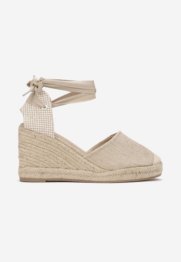 Renee - Beżowe Wiązane Sandały Espadryle na Wysokim Koturnie z Plecionką Perselia. Kolor: beżowy. Wzór: aplikacja. Obcas: na koturnie. Styl: boho