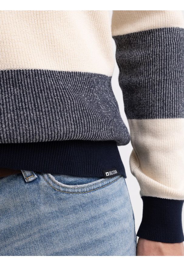 Big-Star - Sweter męski bawełniany w pasy beżowo-szare Pasador 000. Okazja: na co dzień. Kolor: wielokolorowy. Materiał: bawełna. Wzór: paski. Styl: klasyczny, elegancki, casual