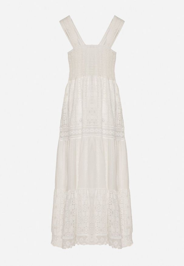 Born2be - Biała Koronkowa Sukienka na Szerokich Ramiączkach z Falbanką Disella. Okazja: na spacer. Kolor: biały. Materiał: koronka. Długość rękawa: na ramiączkach. Styl: elegancki