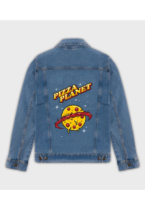 MegaKoszulki - Kurtka jeansowa męska Pizza planet. Materiał: jeans. Długość: długie. Wzór: nadruk. Sezon: wiosna. Styl: elegancki, klasyczny