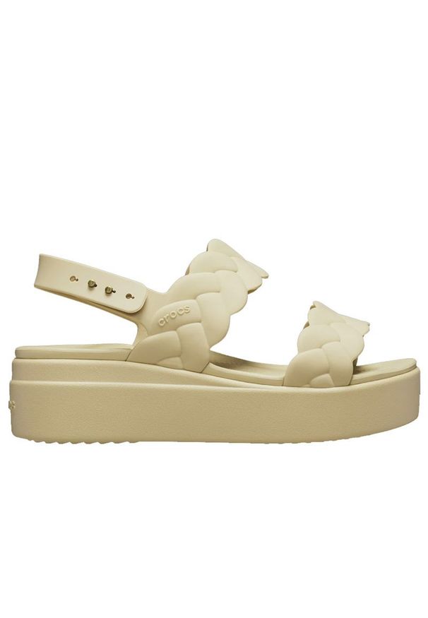 Klapki damskie Crocs Brooklyn Woven Low Wedge 209977-212 - beżowe. Kolor: beżowy. Materiał: materiał. Wzór: paski. Sezon: lato. Obcas: na platformie. Styl: klasyczny