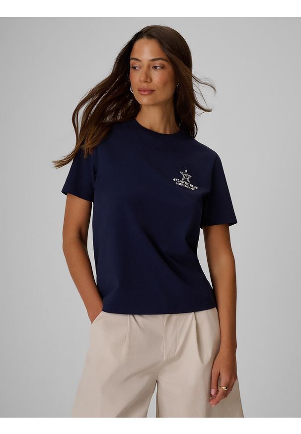 4f - 4F T-shirt relaxed z nadrukiem damski - granatowy M. Okazja: na co dzień. Kolor: niebieski. Materiał: materiał, bawełna, dzianina. Wzór: nadruk. Styl: sportowy, klasyczny, elegancki, casual