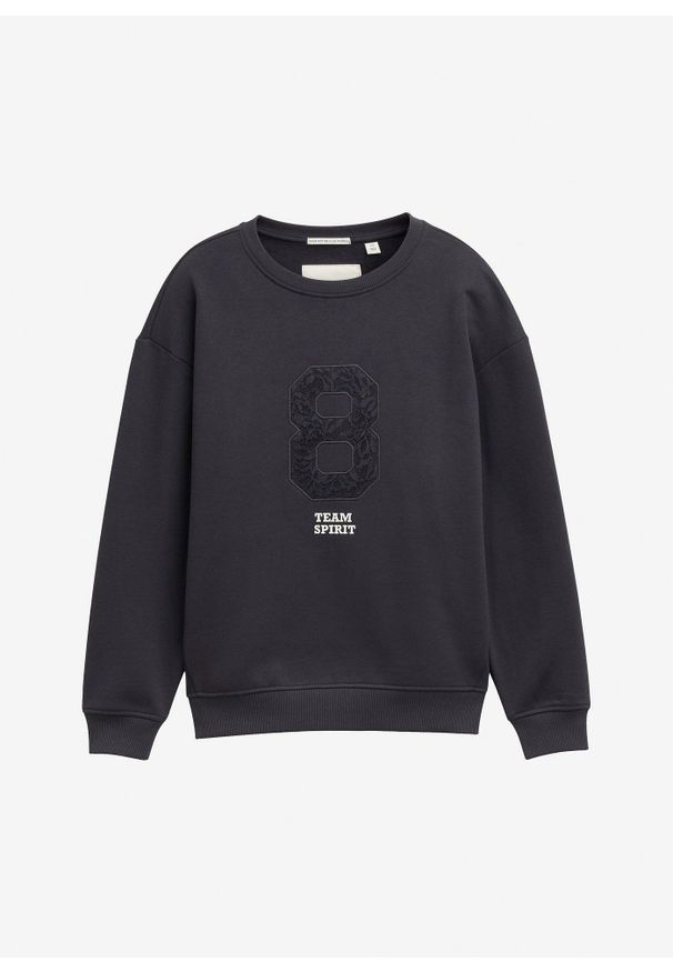 bonprix - Bluza oversize z aplikacją marki Tom Tailor. Kolor: szary. Materiał: koronka, dresówka. Wzór: aplikacja