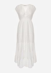 Renee - Biała Ażurowa Sukienka z Bawełny Wykończona Gumką w Talii i Guzikami przy Dekolcie Wenevia. Okazja: na co dzień. Kolor: biały. Materiał: bawełna. Wzór: ażurowy. Sezon: lato. Styl: casual, elegancki #3