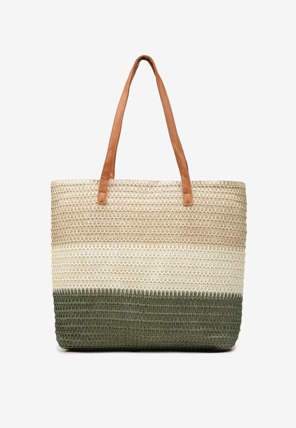 Born2be - Beżowo-Zielona Torebka Tote w Stylu Boho z Plecionki na Suwak Rin. Kolor: zielony. Sezon: lato. Styl: boho
