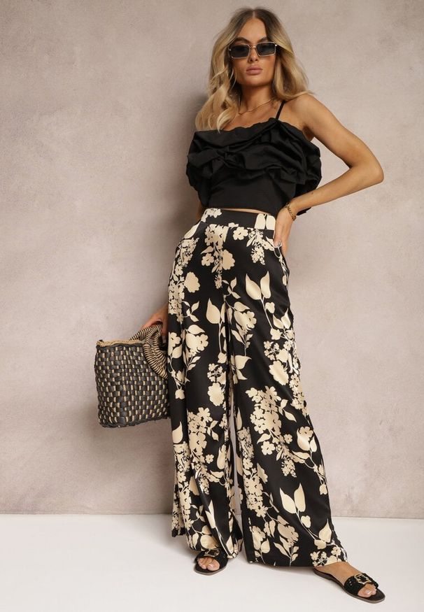 Renee - Czarno-Beżowe Szerokie Spodnie Palazzo z Gumką w Talii i High Waist Dimianna. Stan: podwyższony. Kolor: czarny. Materiał: tkanina. Sezon: lato