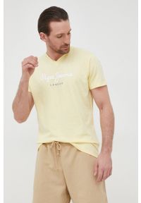 Pepe Jeans t-shirt bawełniany EGGO V N kolor żółty z nadrukiem. Kolor: żółty. Materiał: bawełna. Wzór: nadruk