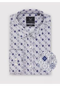 Pako Lorente - PAKO LORENTE – Męska koszula w kolorze białym w granatowy wzór. Typ kołnierza: kołnierzyk klasyczny. Kolor: biały, niebieski, wielokolorowy. Materiał: elastan, bawełna. Długość rękawa: długi rękaw. Długość: długie. Styl: klasyczny #1