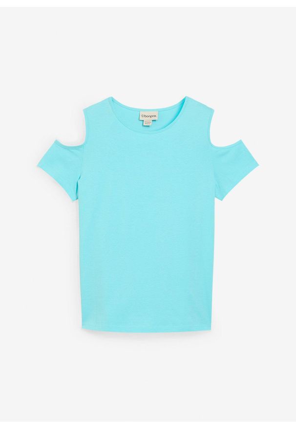 bonprix - T-shirt z wycięciami na ramionach z czystej bawełny organicznej. Kolor: niebieski. Materiał: bawełna. Sezon: lato