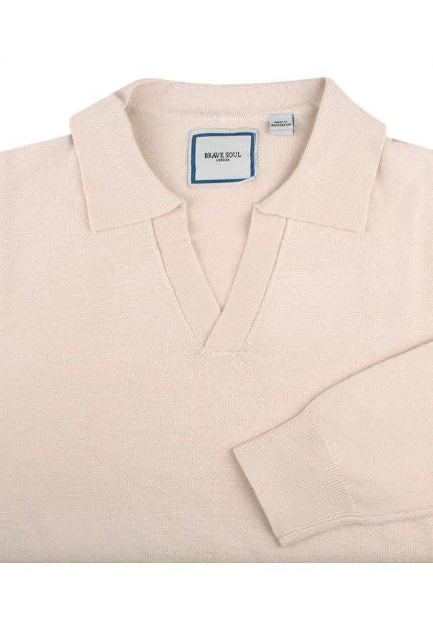 Męski, Lekki Sweter z Otwartym Kołnierzykiem Polo - Brave Soul - Kremowy. Typ kołnierza: polo. Kolor: beżowy, brązowy, wielokolorowy. Materiał: poliester, poliamid, wiskoza