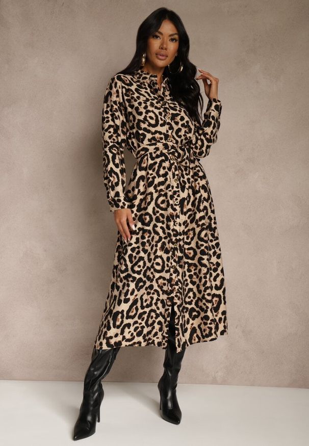 Renee - Panterkowa Sukienka z Wiskozą o Koszulowym Kroju z Wiązaniem Saros. Okazja: na co dzień, na randkę. Materiał: wiskoza. Typ sukienki: koszulowe. Styl: casual