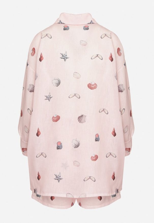 Born2be - Różowy Komplet z Wiskozą Koszula i Szorty z Motywem Morskim Reivienne. Kolor: różowy. Materiał: wiskoza. Wzór: aplikacja