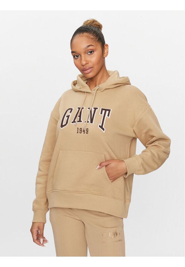 GANT - Gant Bluza Rel Logo Hoodie 4200726 Khaki Relaxed Fit. Kolor: brązowy. Materiał: bawełna