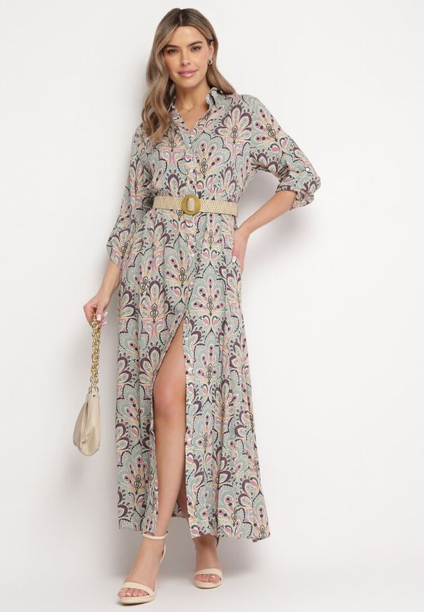 Born2be - Miętowo-Różowa Sukienka z Guzikami i Plecionym Paskiem z Klamrą Aralty. Kolor: miętowy. Długość rękawa: długi rękaw. Sezon: wiosna, lato. Typ sukienki: koszulowe