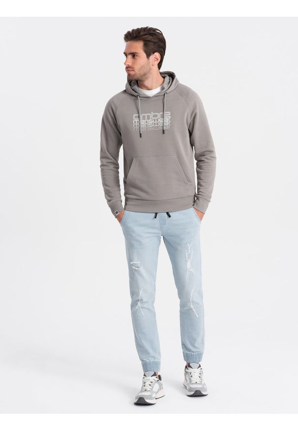 Ombre Clothing - Męskie spodnie jeansowe JOGGERY z przetarciami - jasnoniebieskie V1 - Rozmiar: XL. Kolor: niebieski. Materiał: jeans