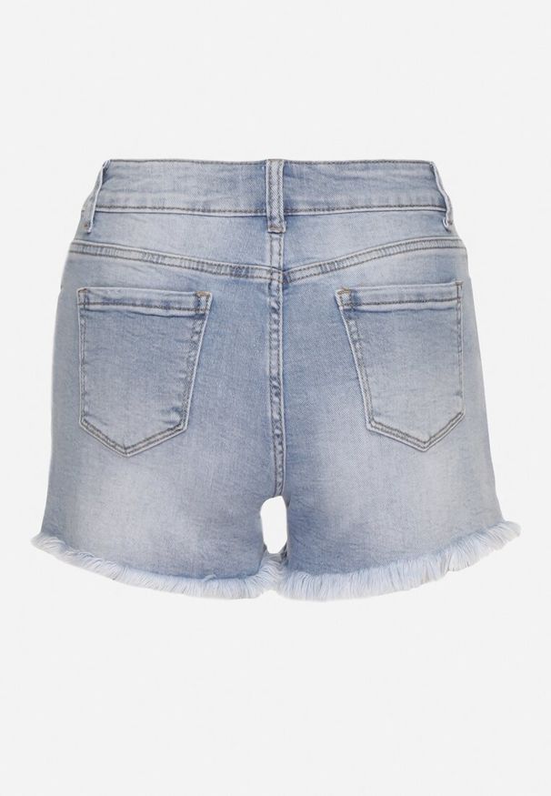 Born2be - Niebieskie Jeansowe Bawełniane Szorty z Cyrkoniami Folorina. Okazja: na spacer, na co dzień. Kolor: niebieski. Materiał: jeans, bawełna. Sezon: lato. Styl: glamour, casual, klasyczny