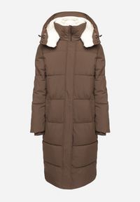 Born2be - Brązowa Długa Kurtka Pikowana z Odpinanym Kapturem i Kieszeniami Etarose. Okazja: na co dzień, na spacer. Kolor: brązowy. Materiał: jeans. Długość: długie. Styl: casual, elegancki #6