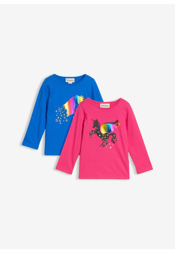 bonprix - Shirt dziewczęcy z długim rękawem (2 szt.), z bawełny organicznej. Kolor: niebieski. Materiał: bawełna. Długość rękawa: długi rękaw. Długość: długie. Wzór: nadruk