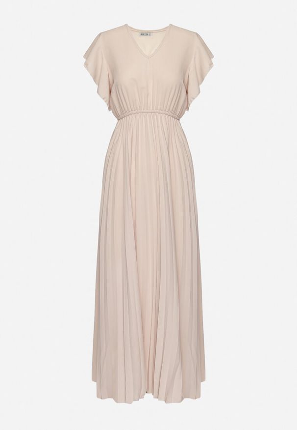 Born2be - Beżowa Plisowana Sukienka Maxi Rozkloszowana z Luźnymi Rękawkami Serahpine. Okazja: na spacer, na imprezę, na co dzień. Kolor: beżowy. Długość rękawa: krótki rękaw. Typ sukienki: proste. Styl: casual. Długość: maxi