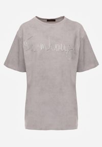 Renee - Szary Oversizowy T-shirt z Bawełny Zdobiony Haftem z Cekinami Marivia. Okazja: na co dzień. Kolor: szary. Materiał: bawełna. Wzór: haft, aplikacja. Styl: casual, elegancki #4