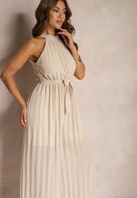 Renee - Beżowy Kombinezon z Dekoltem Typu Halter i Gumką w Talii Zolefia. Kolor: beżowy. Długość: długie. Styl: elegancki #4