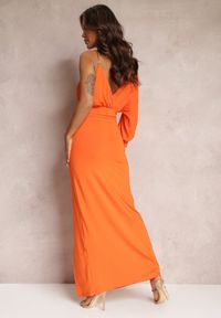 Renee - Pomarańczowa Asymetryczna Sukienka z Gumką w Pasie i Łańcuszkiem Przy Ramieniu Jisse. Kolor: pomarańczowy. Typ sukienki: asymetryczne #2