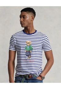 Ralph Lauren - RALPH LAUREN - Bawełniana bluzka w paski z misiem Custom Slim Fit. Typ kołnierza: polo. Kolor: biały. Materiał: bawełna. Wzór: paski