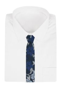 Krawat Męski - Granatowy w Duże Kwiaty - Alties. Kolor: niebieski. Materiał: tkanina. Wzór: kwiaty. Styl: wizytowy, elegancki #4