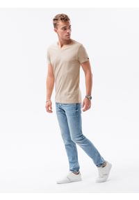 Ombre Clothing - T-shirt męski bawełniany BASIC S1369 - ciepłoszara - XXL. Typ kołnierza: dekolt w serek. Kolor: szary. Materiał: bawełna. Długość: krótkie. Styl: klasyczny