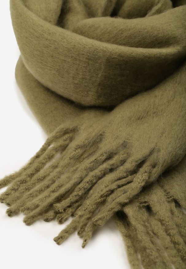 Born2be - Ciemnobeżowy Szalik z Ozdobnymi Frędzlami Esariana. Okazja: na co dzień. Kolor: beżowy. Wzór: aplikacja. Styl: casual, klasyczny