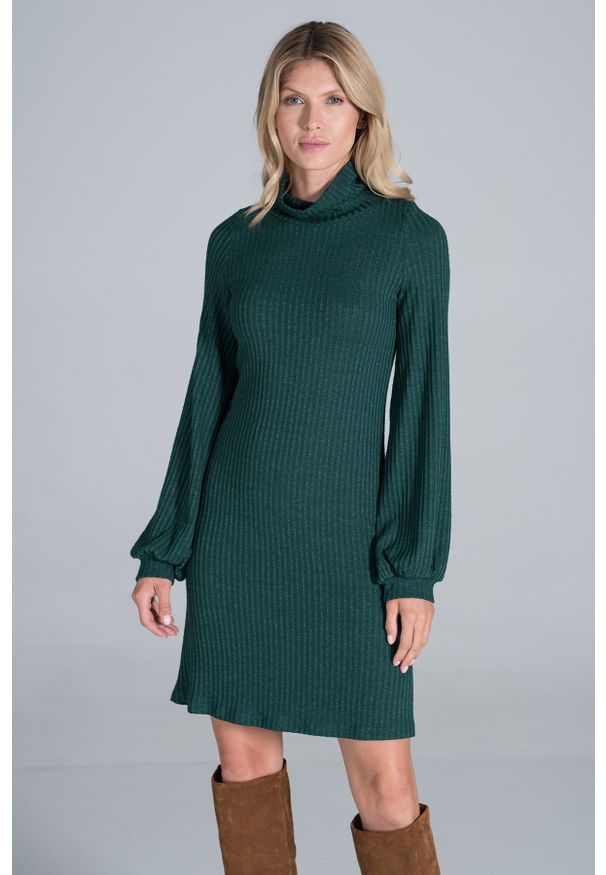 Figl - Dzianinowa Sukienka z Golfem - Zielona. Typ kołnierza: golf. Kolor: zielony. Materiał: dzianina