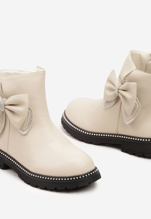 Born2be - Beżowe Botki Ozdobione Kokardami i Cyrkoniami Venorith. Okazja: na co dzień. Kolor: beżowy. Materiał: jeans. Wzór: aplikacja. Sezon: zima, jesień. Styl: casual, elegancki