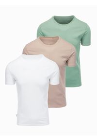 Ombre Clothing - Zestaw męskich koszulek bawełnianych BASIC z okrągłym dekoltem – szarozielony/biały/beżowy V14 - Rozmiar: M. Okazja: na co dzień, do pracy. Kolor: szary. Materiał: denim, bawełna. Wzór: gładki. Styl: casual