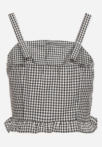 Born2be - Czarna Bluzka Top ze Wzorem Kraty Ozdobiony Falbanką i Guzikami Folorae. Okazja: na co dzień. Kolor: czarny. Materiał: jeans. Długość rękawa: na ramiączkach. Długość: krótkie. Wzór: aplikacja. Styl: elegancki, casual #6