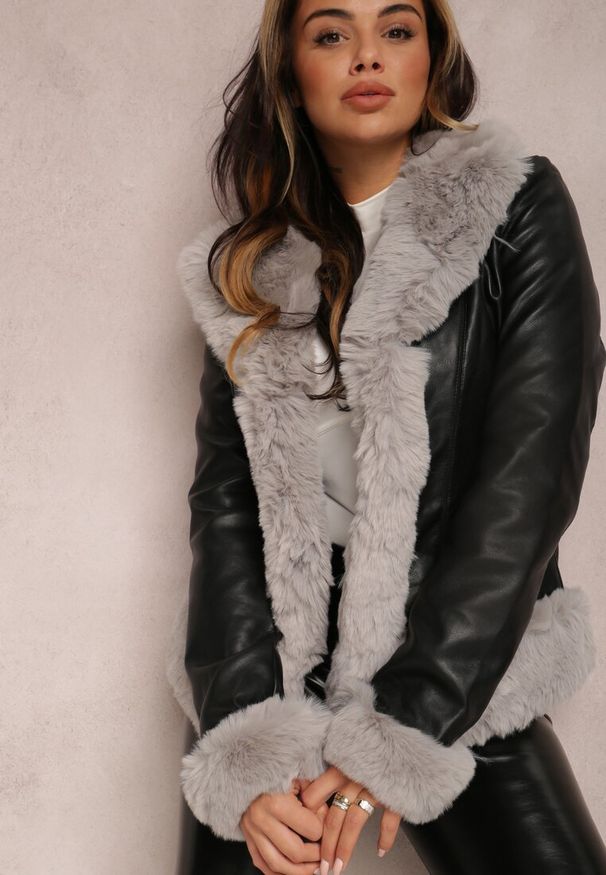 Renee - Czarno-Szara Kurtka Mesase. Kolor: czarny. Materiał: futro. Wzór: aplikacja. Styl: elegancki